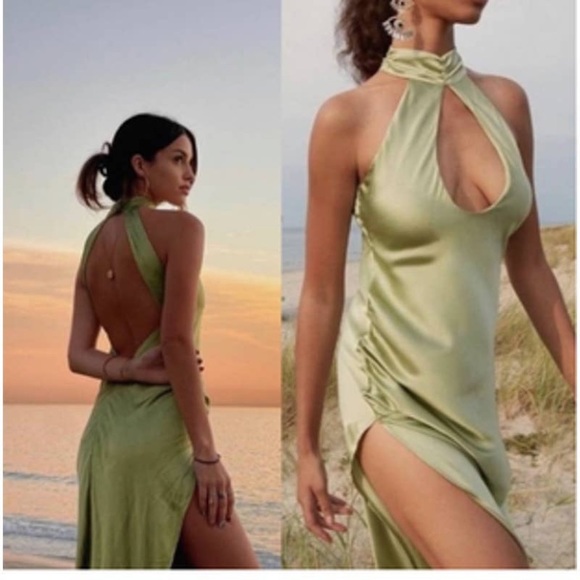 FOR LOVE & LEMONS Green Satin
Pia Halter Neck Maxi Dress Gown size L - Picture 1 of 14